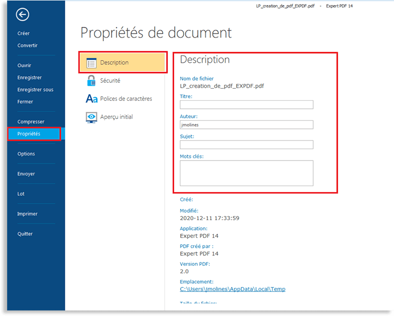Add document properties (author, title, topic, keywords) to...